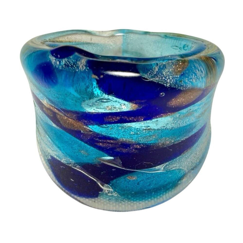 Handmade Fused Glass Statement Ring – Aqua & Cobalt Blue Art Glass Wide Band
